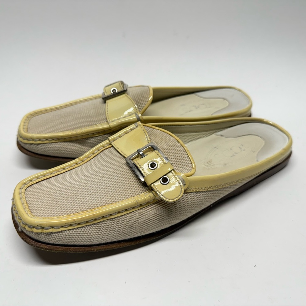 Tod's Beige Canvas Slip-On Mules with Pale Yellow Trim Women Size 10